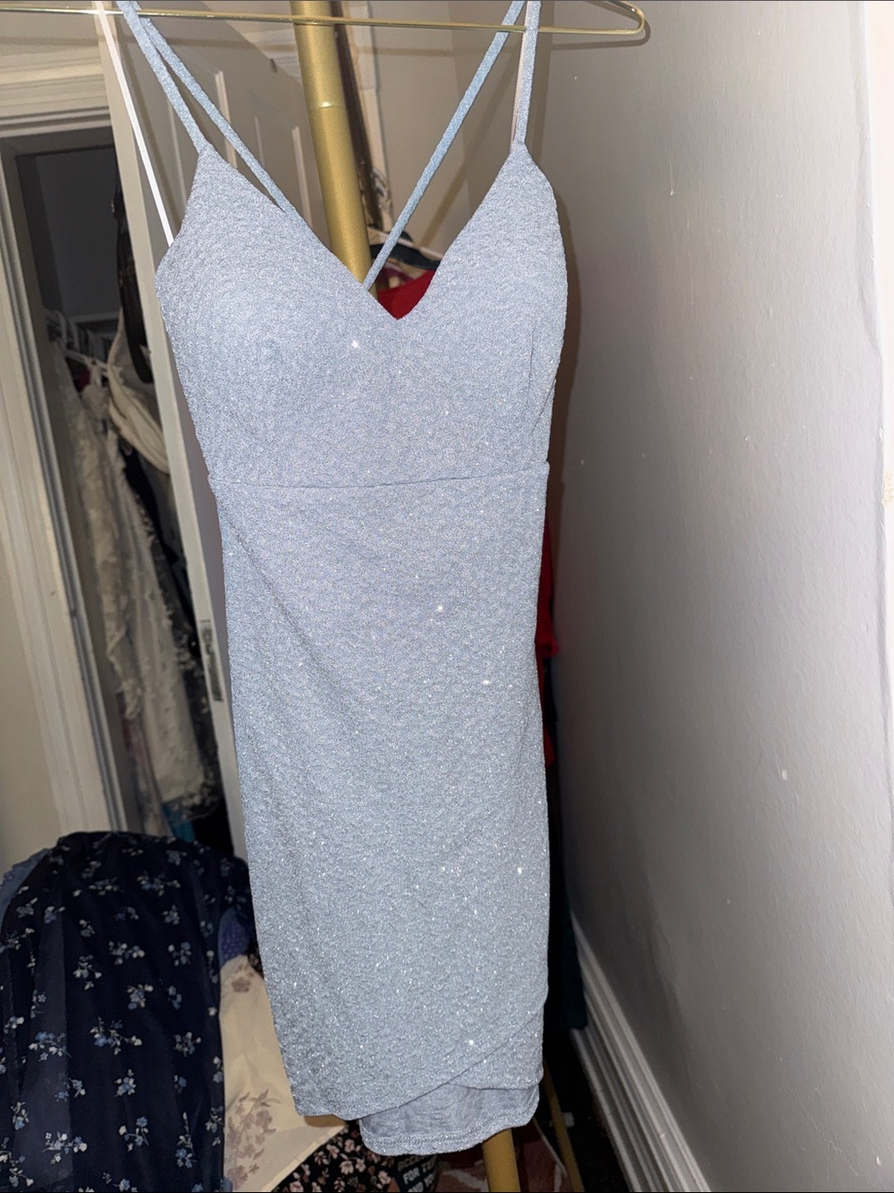 Windsor Light Blue Sequin Spaghetti Strap Prom Dress